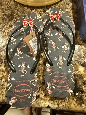 Havaianas Minnie Mouse Black Flip Flops with Red Bow Accents